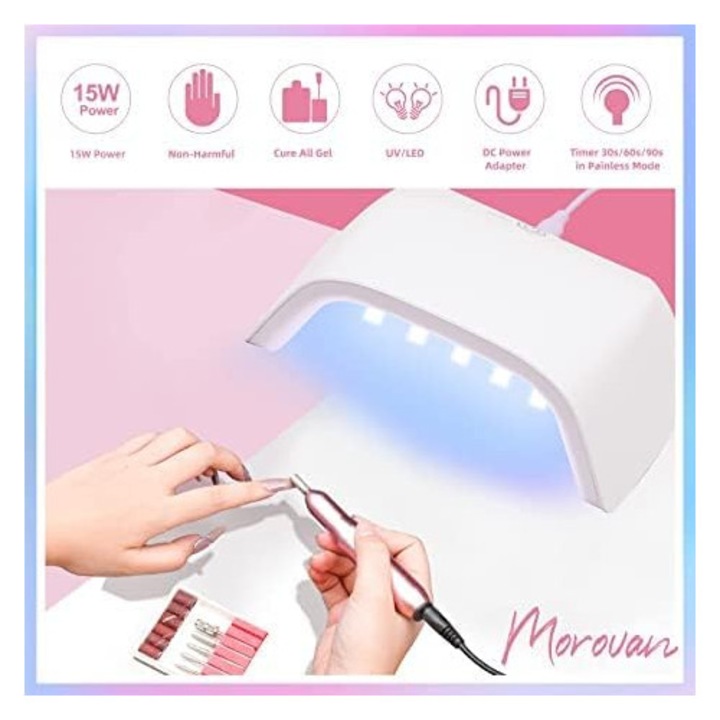 Morovan manikűrkészlet, komplett akril készlet, 3 színű akrilpor, 15 W-os UV lámpa, díszítőeszközök