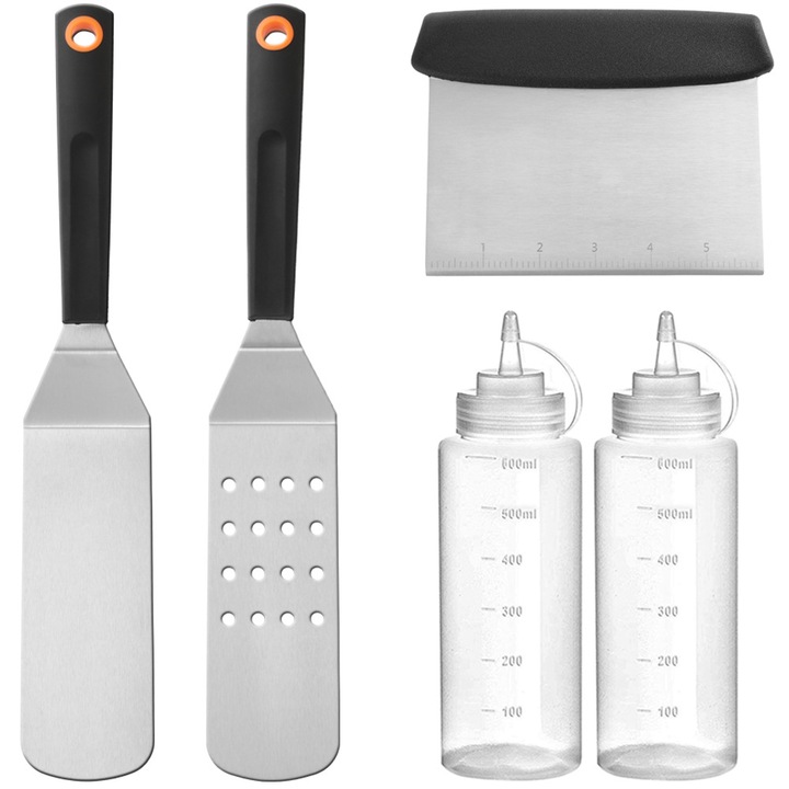 5 darabos grillezőeszköz-készlet, Blackstone, rozsdamentes acél, 2 üveg, 2 spatula, 1 kaparó