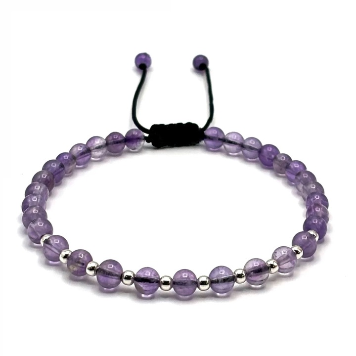 Bratara cu bile din Argint 925 si pietre semipretioase Ametist, snur negru reglabil, barbati