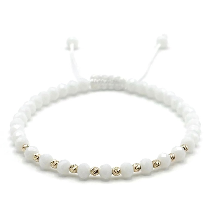 Bratara cu 10 bile din AUR 14K si cristale Albe, snur reglabil, dama