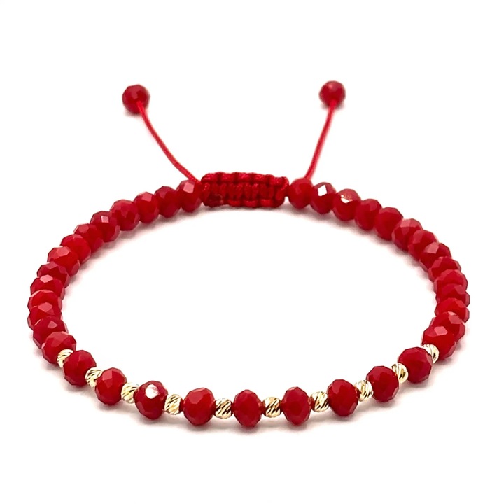 Bratara cu 10 bile din AUR 14K si cristale Rosii, snur reglabil, dama