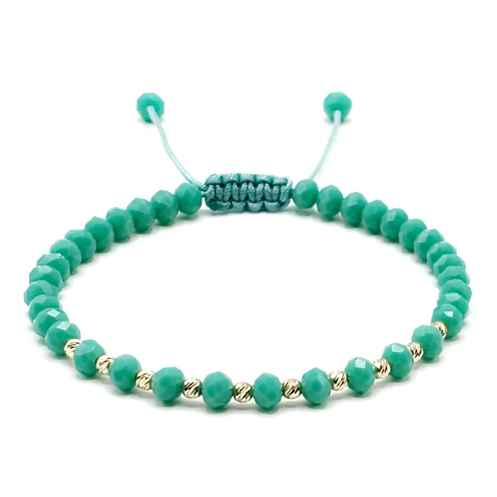 Bratara cu 10 bile din AUR 14K si cristale Turcoaz, snur reglabil, dama