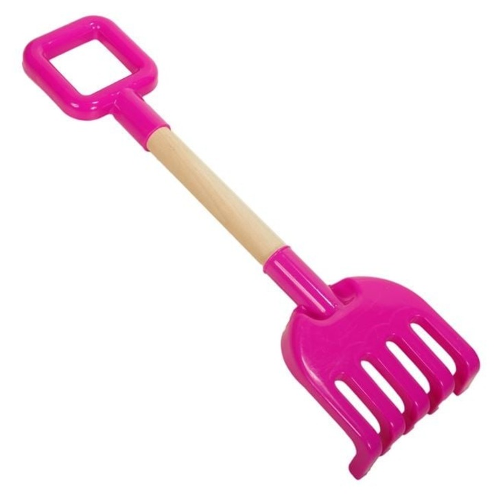 Детско Гребло за Плаж, 39 см – Фуксия Пластмаса с Дървена Дръжка, Идеално за Игра в Пясъка – ANTBRO®