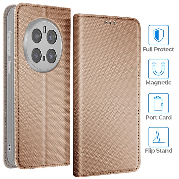 Флип калъф за Honor Magic7 Pro, тип карта с магнитно закопчаване, отделение за карта, функция стойка, златен