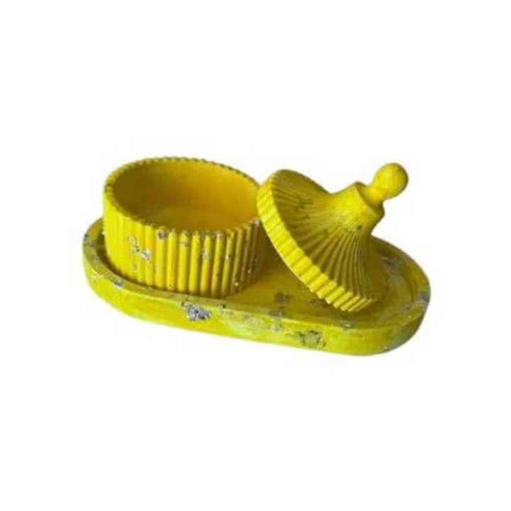 Set Bomboniera din praf ceramic cu capac si tava, galben