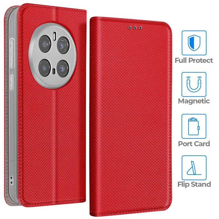 Флип калъф за Honor Magic7 Pro, тип карта с магнитно закопчаване, отделение за карта, функция стойка, червен
