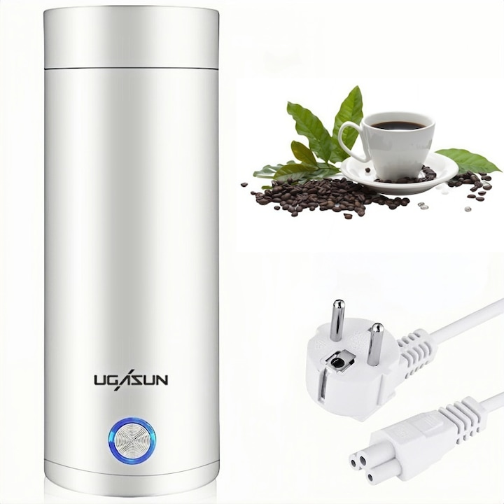 Преносим електрически термос, HaploS®, функция за кана, побира се в поставката за чаши в колата, 400 мл, автоматично изключване, захранване 220V, ABS, неръждаема стомана, бял