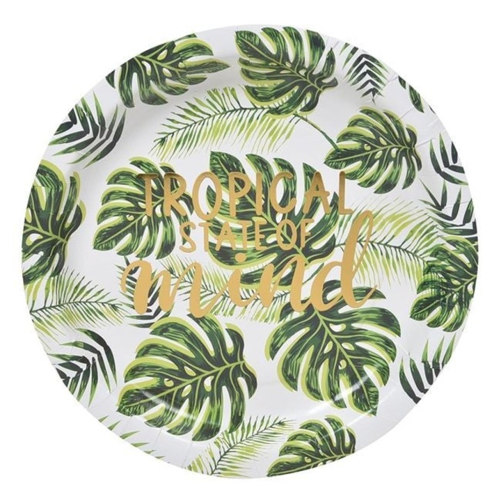 Set 6 Farfurii Carton Petrecere Vara Antbro®, Ø23 cm, Model Frunze Tropicale Verzi cu Mesaj Folie Aurie – "TROPICAL STATE OF MIND", Unica Folosinta, Decor Festiv Copii/Aniversari