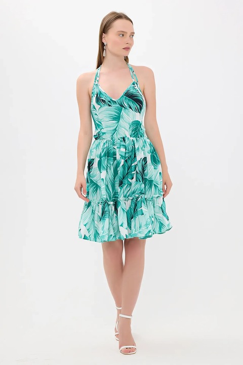 Rochie mini, HiCCUP, imprimeu floral, decolteu in V, verde, textil