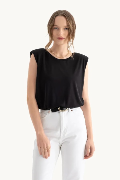 HiCCUP ujjatlan trikó, kerek gallérral, nyers szegélyekkel, fekete, jersey