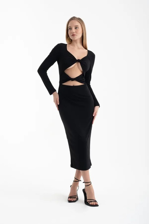 Миди рокля, HiCCUP, дълъг ръкав, кръгло деколте, черна, текстил