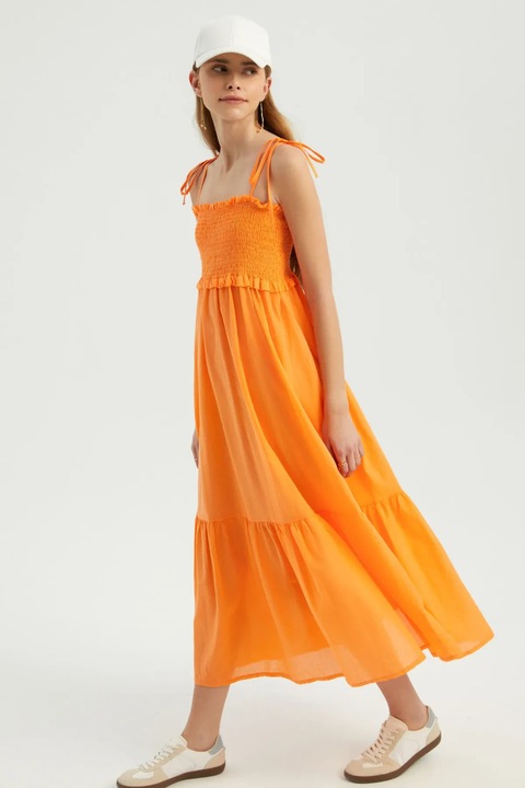 Макси рокля, HiCCUP, квадратно деколте, колан, оранжево, текстил