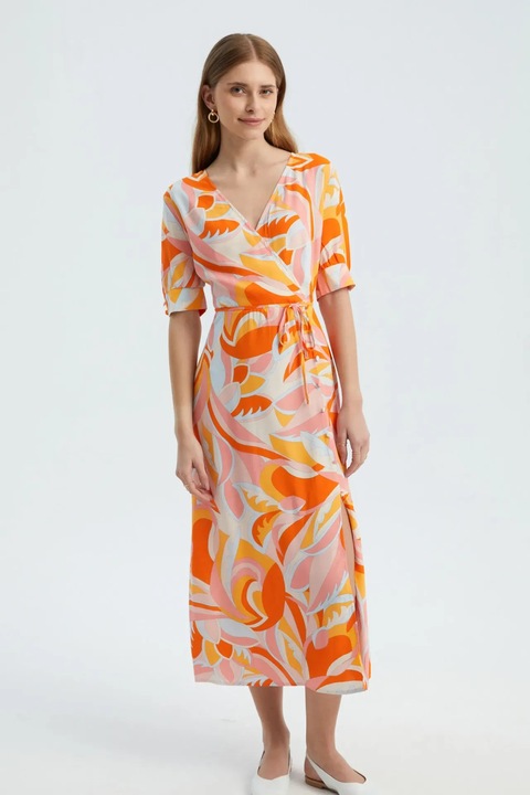 Rochie maxi, HiCCUP, decolteu tip surplis, crapatura laterala, portocalie, textil