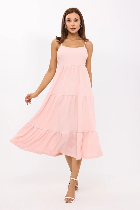 Rochie midi, HiCCUP, bretele subtiri, straturi, roz, textil