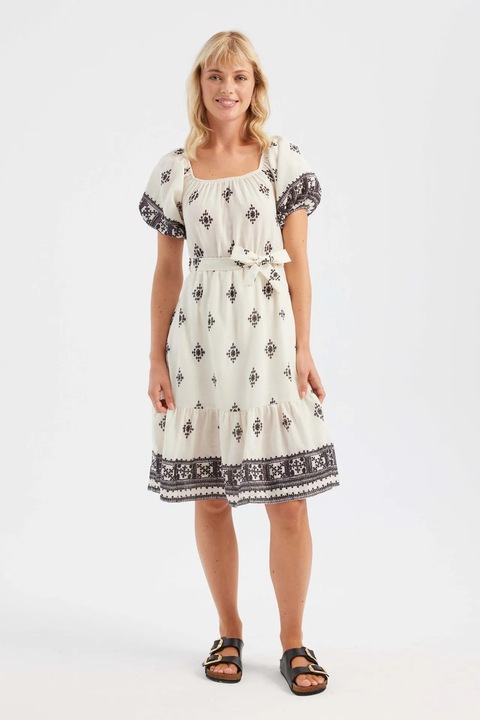 Rochie midi, HiCCUP, umeri goi, imprimeu, bej, textil