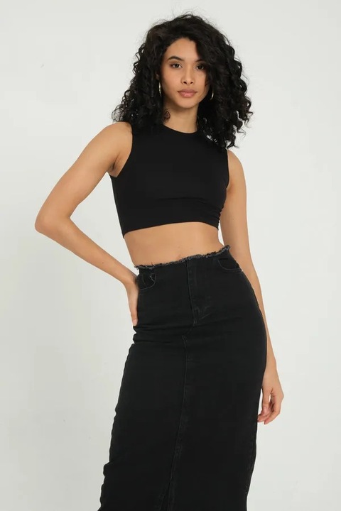 Tricou dama, HiCCUP, crop basic, guler rotund, negru, textil