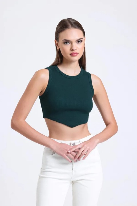 Къс топ, HiCCUP, кръгла яка, V-образно деколте, зелен, текстил