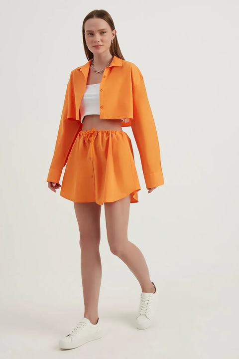 Fusta mini, HiCCUP, talie inalta, snur, portocalie, textil