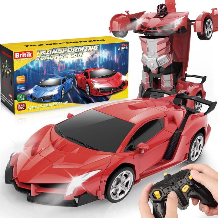 ​​Feicaeesa® Masina RC Transformare Automata 3+ Ani, Rosu, Telecomanda 2.4G + Robotic 1:18 - Cadou Copii​