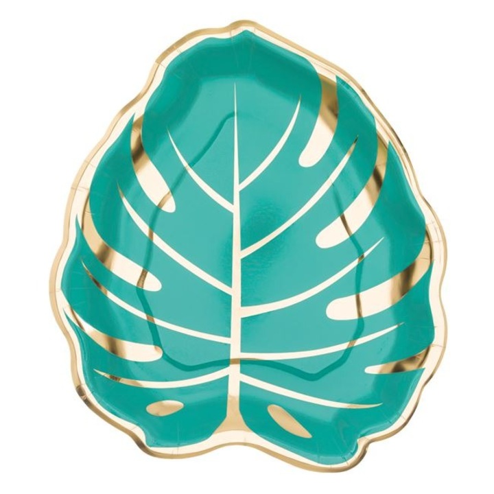 Set 6 Farfurii Carton Petrecere Vara Antbro®, 24x22 cm, Model Frunze Tropicale Verzi cu Detalii Folie Aurie – Unica Folosinta, Decor Festiv Copii/Aniversari