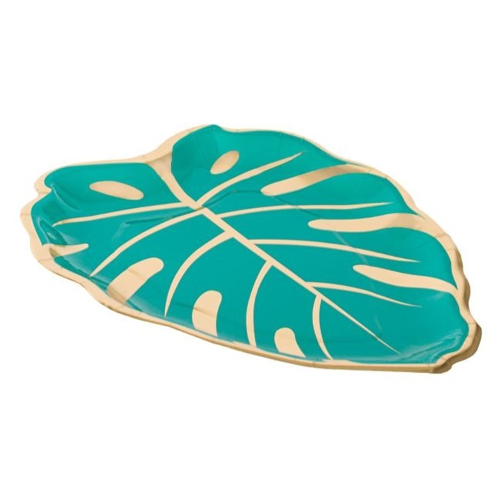 Set 6 Farfurii Carton Petrecere Vara Antbro®, 24x22 cm, Model Frunze Tropicale Verzi cu Detalii Folie Aurie – Unica Folosinta, Decor Festiv Copii/Aniversari