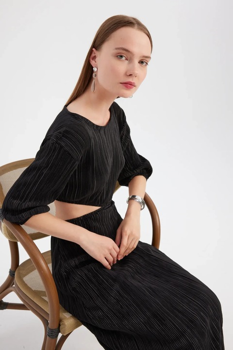 Rochie maxi, HiCCUP, maneca lunga, decolteu rotund, negru, poliester