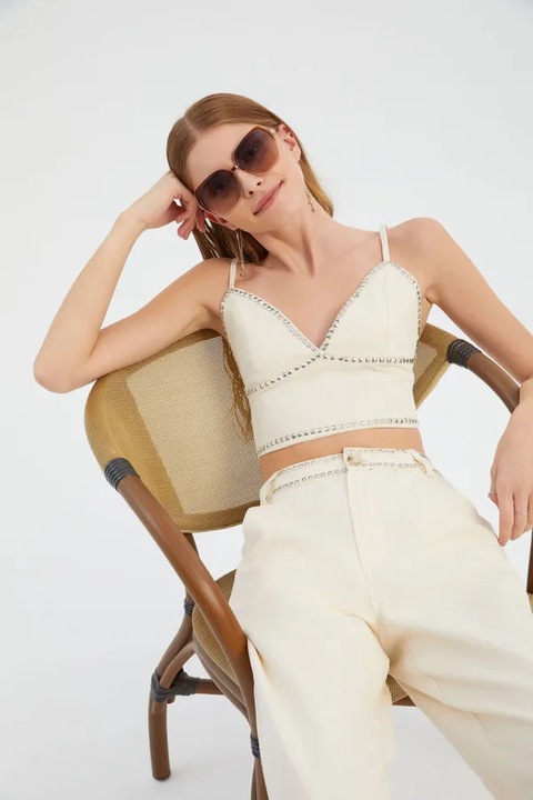 Топ корсет HiCCUP, деколте сърце, камъни, бял, текстил