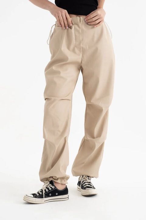 Pantaloni dama, HiCCUP, cargo din piele ecologica, talie inalta, snur, natur