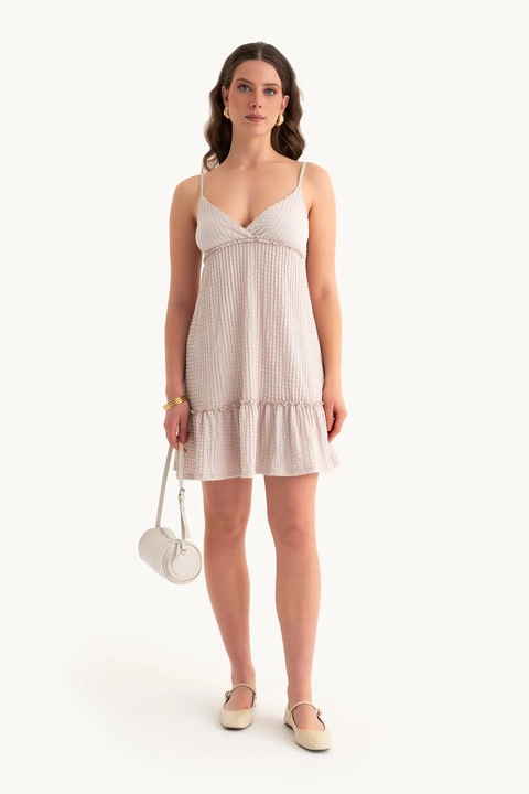 Rochie mini, HiCCUP, decolteu in V, straturi, bej, textil