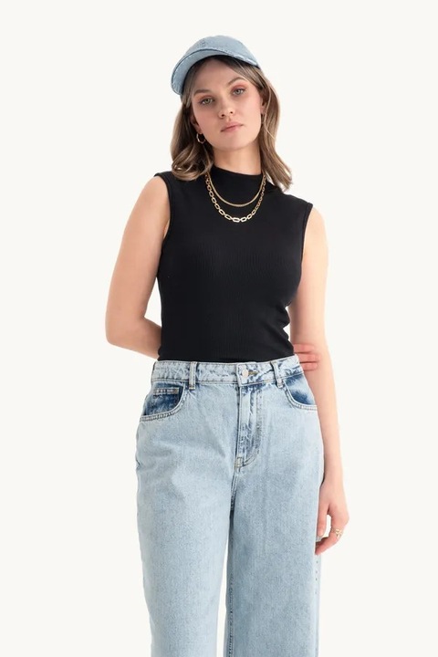 Прилепнал топ, HiCCUP, висока яка, оребрен, черен, текстил