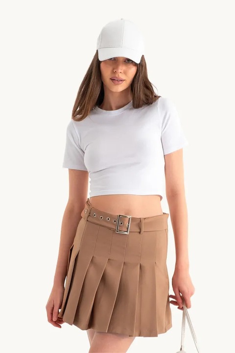 Tricou dama, HiCCUP, crop basic, guler rotund, alb, jerseu