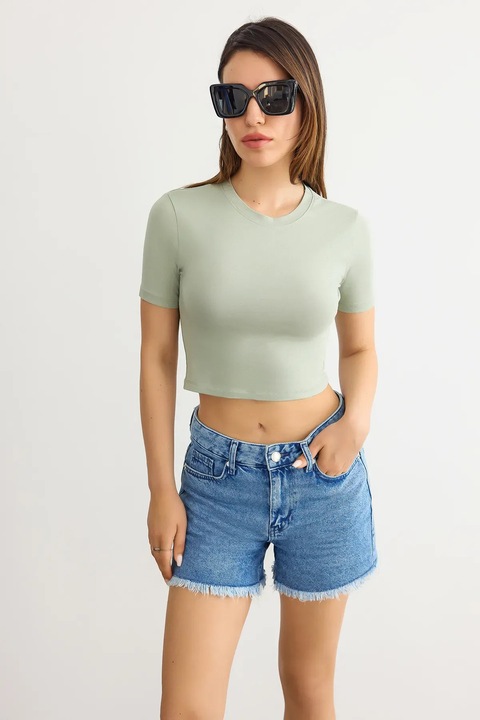 Tricou dama, HiCCUP, crop basic, guler rotund, verde, jerseu