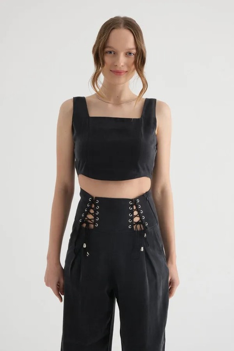 Къс топ, HiCCUP, корсет с квадратно деколте, текстил - 46794, Черен