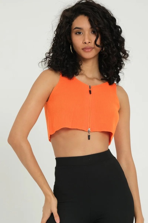 Къс топ HiCCUP, плетен, V-образно деколте, цип, оранжев, джърси, SM INTL