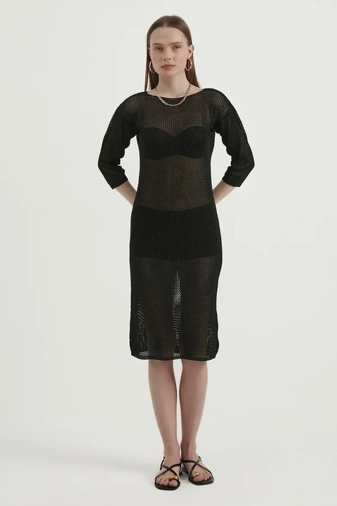 Рокля, HiCCUP, миди кройка, кръгло деколте, черна, плетена, SM INTL