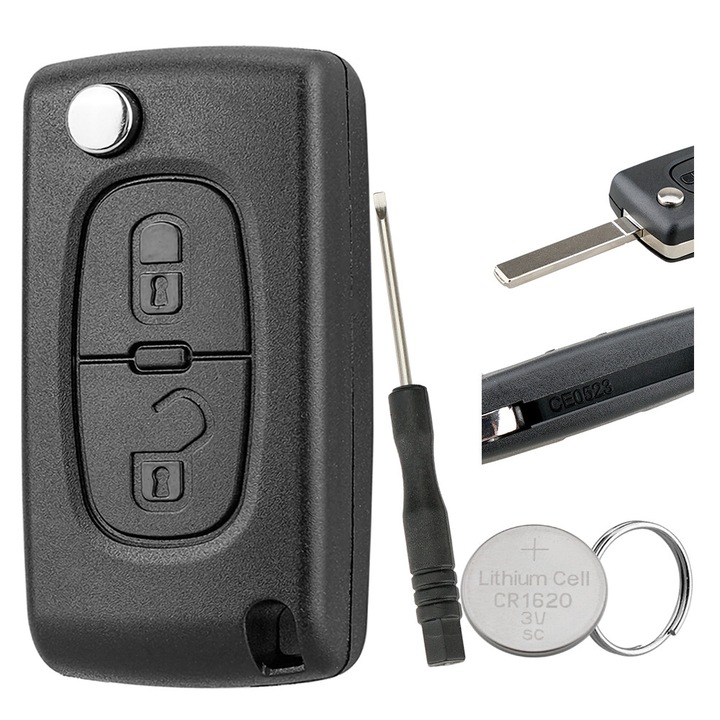 Кутийка за автомобилен ключ с 2 бутона, съвместима с Citroen C2, C3 Picasso, C4 Dispatch, Peugeot 207, 307, 308, 3008, 5008, 807, CE0523 / VA2 острие + батерия CR1620 + отвертка + ключодържател