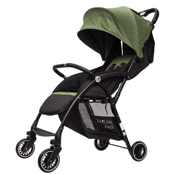 VelvetKids AirHug - Carucior Ultrausor si Compact (4,6 kg), Suporta 22kg, Bretea umar pentru transport facil, Compatibil avion, Plasa anti-insecte, Pozitie de somn, Verde