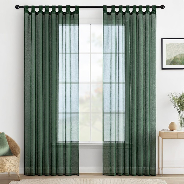 Set 2 perdele transparente Miulee, 140x245 cm, cu prindere tip bucla, montare usoara, lavabile, aspect natural, pentru dormitor sau living, Verde Inchis