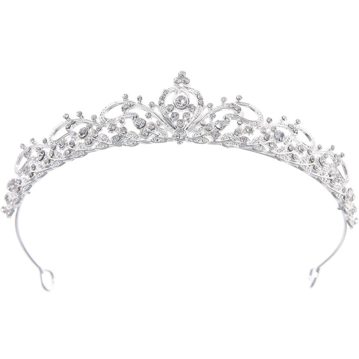 Tiara Eleganta, DANATI, Coroana Incrustata cu Strasuri Cristale, Diadema, Accesoriu de par pentru Mireasa, Zile de Nastere, Ocazii Speciale, Nunta, Argintiu, Diametrul reglabil 13, 5 - 15cm x 3cm