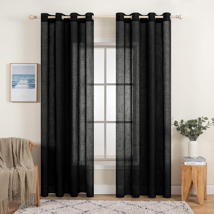 Set de doua perdele Miulee, cu inele, aspect de in, semi-transparent, 140 x 215 cm, potrivite pentru dormitor/living/balcon, Negre