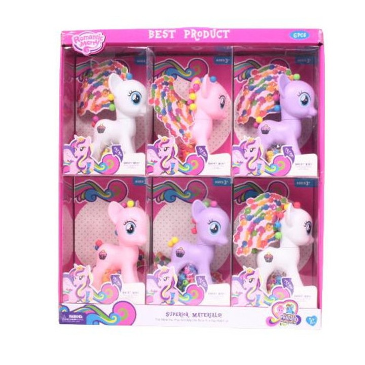 Set 6 figurine, Pony cu coada din margele, 3 ani+, Multicolor