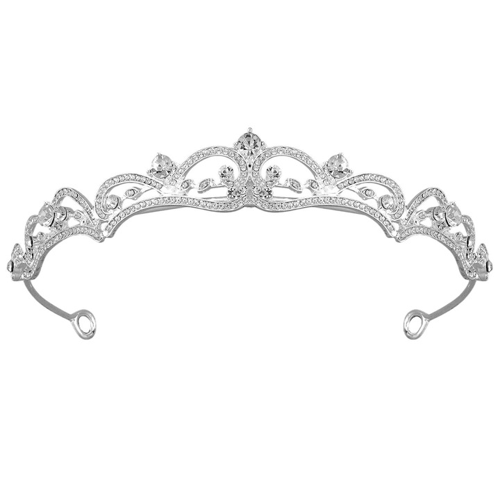 Elegáns tiara, DANATI, kristály strasszokkal kirakott korona, diadém, hajdísz menyasszonyra, születésnapokra, különleges alkalmakra, esküvőre, ezüst, állítható átmérő 14 - 15cm x 2cm