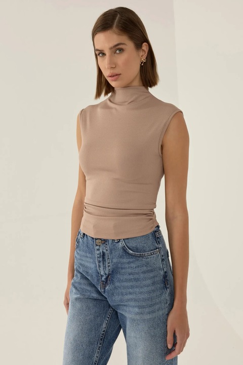 Къс топ, HiCCUP, висока яка, драпиран детайл, кафяв, полиестер, S INTL