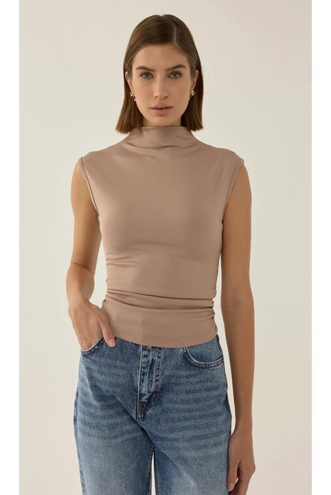 Къс топ, HiCCUP, висока яка, драпирани детайли, кафяв, полиестер, XS INTL