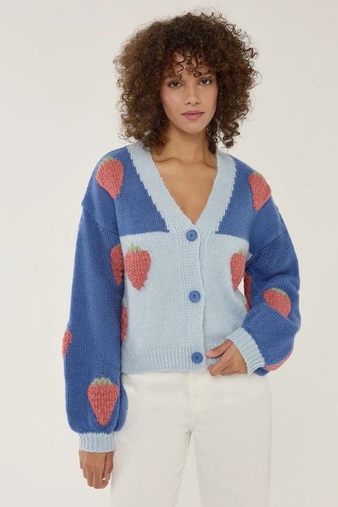 Cardigan supradimensionat, HiCCUP, model de capsuni, acril, Albastru Maya, L