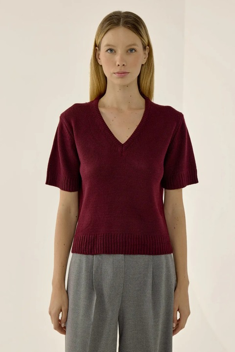 Pulover tricotat, HiCCUP, maneca scurta, decolteu in V, rosu, acril