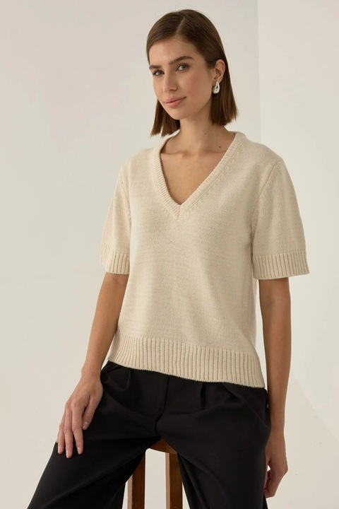 Pulover tricotat, HiCCUP, maneca scurta, decolteu in V, natural, acril