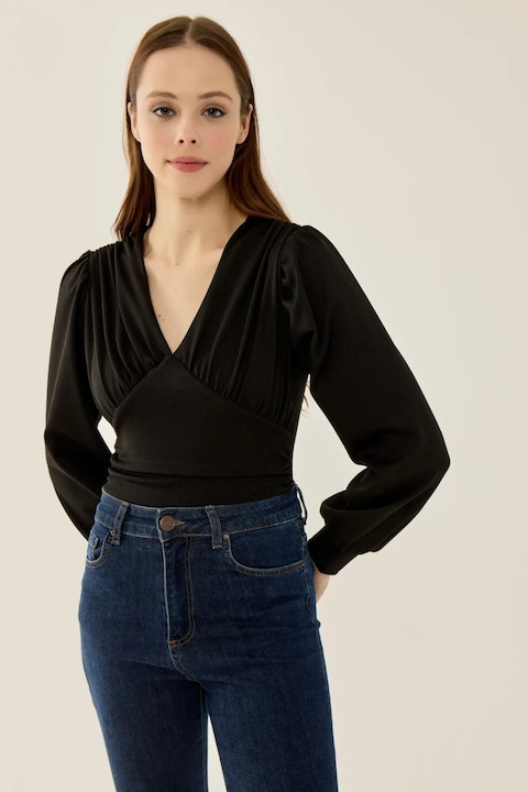 Slim Fit Body, HiCCUP, V-образно деколте, балон ръкави, черно, полиестер