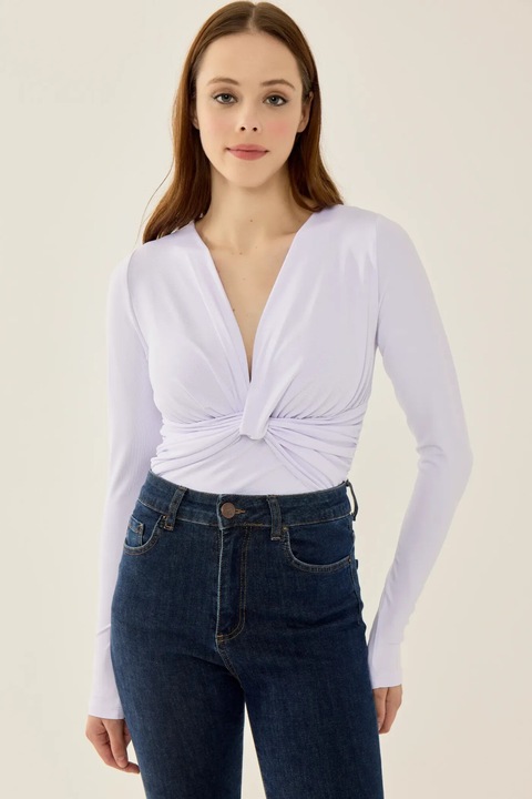 Боди HiCCUP slim fit, дълъг ръкав, V-образно деколте, бяло, полиестер, Бял