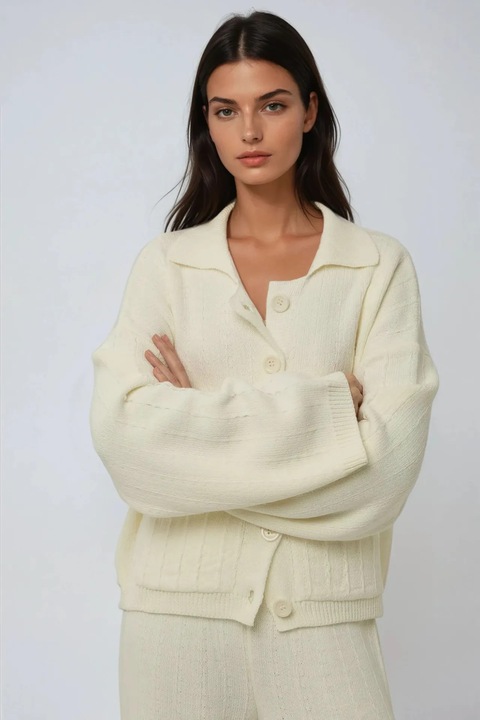 Pulover dama, HiCCUP, cardigan tricotat texturat cu nasturi, natural, acril